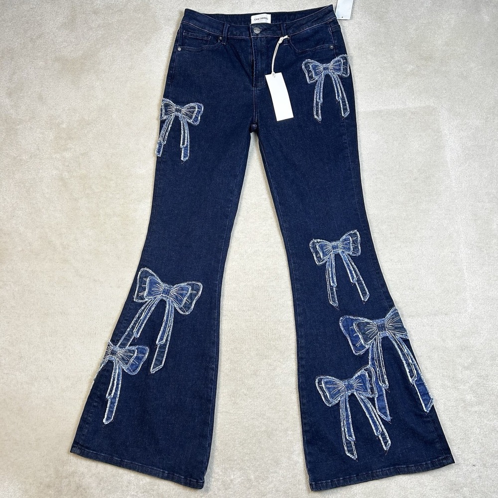 Driftwood Farrah Embroidered Flare Jeans Women's 28x32.5 Bows Denim Stretch